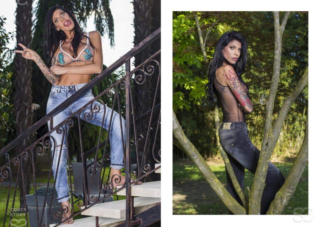 Alice Basso indossa jeans Purple e top Tezenis